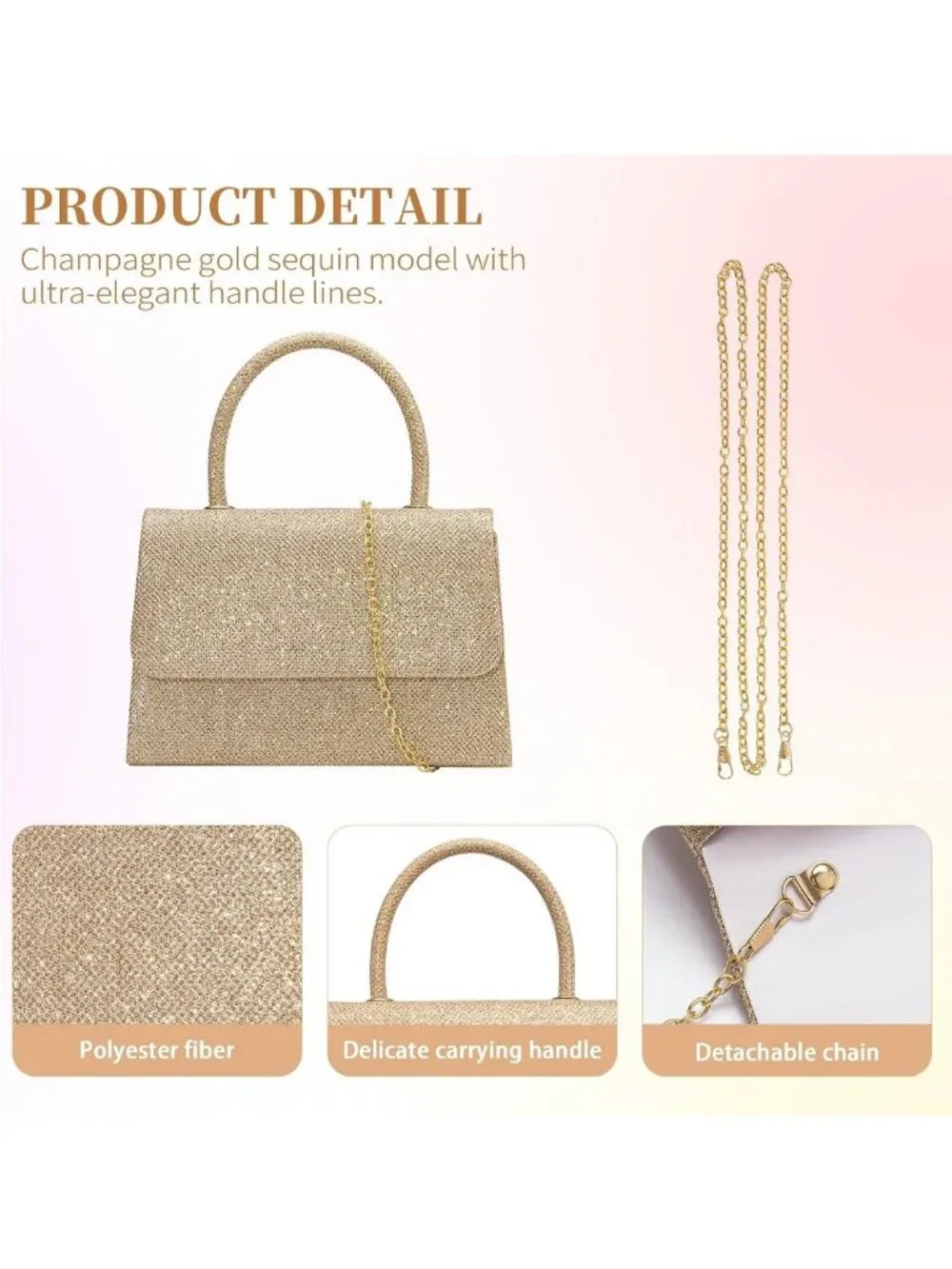 Glitter Evening Clutch Purse with Chain - Perfect for Party, Prom, Wedding
